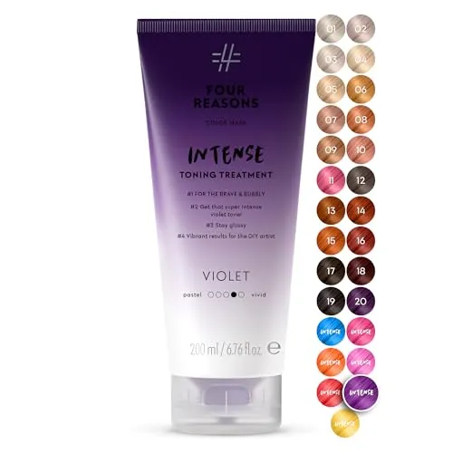 Four Reasons Intensiv-Toning-Behandlung Violet - Semi-Permanente Haarfarbe 200 ML - Intensive Violetttönung für gefärbtes Haar. Enthält pflanzenbasierte Proteine, die das Haar stärken und ihm Glanz verleihen. Für strahlende Ergebnisse und langanhaltende Farbbrillanz.