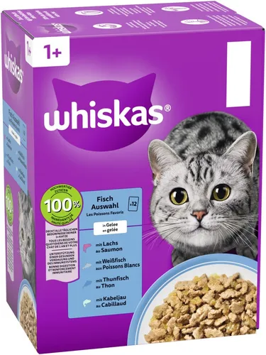 Whiskas Multipack 1+ Fisch Auswahl in Gelee | 48x 85g - Katzenfutter für ausgewachsene Katzen, schmackhafte Fischvariationen in Gelee für eine ausgewogene Ernährung.