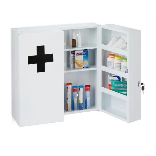 Medizinschrank 11 Fächer - Apothekerschrank für Ihre Gesundheit - Praktischer Medizinschrank mit 11 Fächern und Magnetverschluss, ideal für die sichere Aufbewahrung von Medikamenten. Wandmontage und modernes Design in Weiß.
