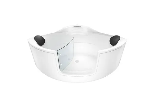 AcquaVapore S60-ALL Eckwanne 140x140cm mit Tür - Moderne Eckbadewanne aus 100% glasfaserverstärktem Acryl, ideal für zwei Personen. Die Wanne wird anschlussfertig geliefert und bietet eine einfache Pflege und Langlebigkeit. Inklusive Wasserfall und Nackenkissen.