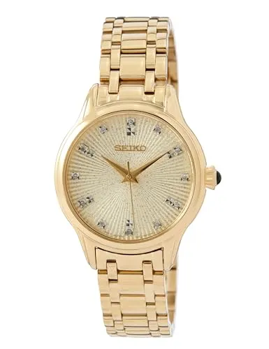 Seiko Ladies Diamond Set Dial Luxury Watch SRZ552P1 - Damen Armbanduhr mit luxuriösem Champagne-Zifferblatt und echten Diamanten, wasserdicht bis 50 m – perfekt für stilvolle Anlässe.