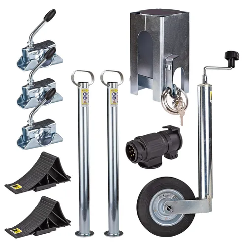 DEMA Anhänger Zubehörpaket 12-teilig - Autoanhänger Zubehörpaket mit Diebstahlsicherung, stabilen Stützen und einem Stützrad für maximale Sicherheit und einfache Handhabung. Ideal für Aufbau, Restauration und Reparatur.