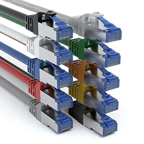 JAMEGA - 10 Stück - 0,25m CAT 7 Netzwerkkabel Gigabit Ethernet LAN Kabel in 9 Farben | 10000 Mbit s | Patchkabel Cat.7 Rohkabel SFTP PIMF Schirmung RJ45 Stecker | Switch Router Modem Access Point