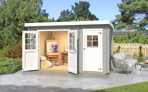 Gartenhaus weka 254 Gr. 1 mit Fußboden - Gartenhaus aus hochwertigem Holz, Flachdach-Design, ideal für die Aufbewahrung und als Rückzugsort im Garten, Maße: 390 x 246 cm, in stilvollem Hellgrau.