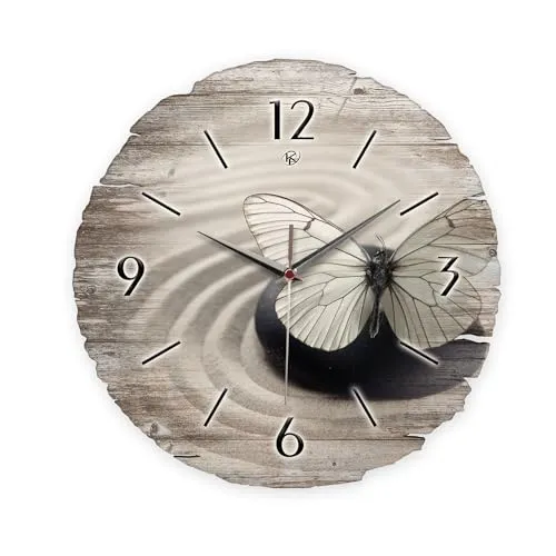 Kreative Feder Runde Wanduhr „Schmetterling“ aus Naturholz mit flüsterleisem Uhrwerk; Durchmesser 30cm (Schmetterling, leises Quarzuhrwerk)