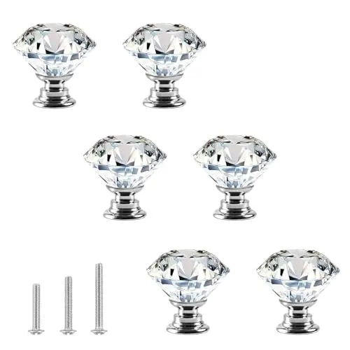 ShipeeKin Kristallglas Schrankknöpfe Kommode Möbelknöpfe Kristall Möbelgriffe Möbelknauf 30mm Diamant-Stil Ziehgriffe für Kommode, Schränke, Küche, Garderobe, Badezimmer usw. (6stk, Transparent)