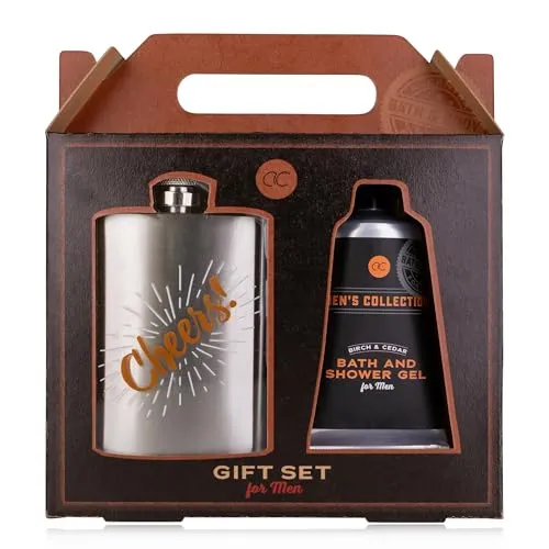 Accentra Geschenkset MEN'S COLLECTION für Männer, Flachmann aus Edelstahl und 60ml Badegel und Duschgel in einer Geschenkbox aus Kraftpapier, Braun - Schwarz