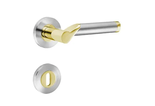 Türbeschläge24 Drückergarnitur Design Lightning - Türgriffe, edles Design aus V2A Edelstahl matt und Messing PVD, mit festdrehbar gelagerten Türgriffen und versteckten Madenschrauben für eine elegante Optik.