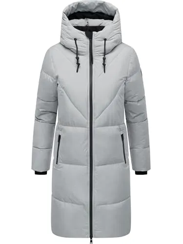 Navahoo Damen Langer Wintermantel warmer Steppmantel mit großer Kapuze und Fleece-gefütterten Kragen Kältekuschel XIV Grey Gr. M