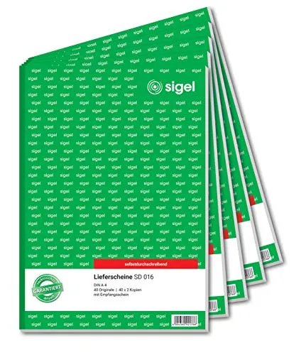 SIGEL SD016/5 Lieferscheine A4, 5er Pack - Nachhaltige Geschäftsbücher in A4, selbstdurchschreibend mit farbigen Kopien. Ideal für umweltbewusste Unternehmen, FSC-zertifiziert und Made in Germany.