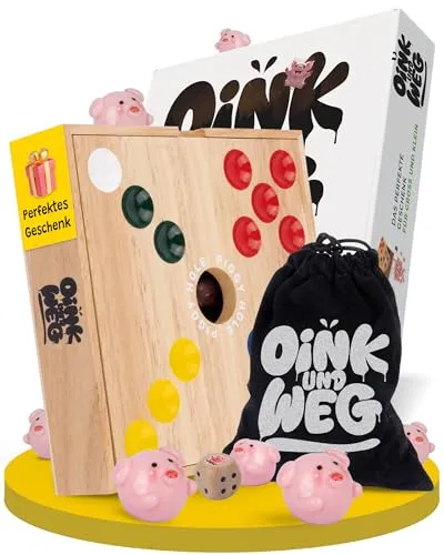 OINK und Weg | Schweinchen Spiel Holz | Das lustige Familienspiel für zwischendurch | Big Hole Schweinchenspiel | Mehr Spannung durch taktisches Würfeln | Schweine Spiel als Geschenk | Board Games
