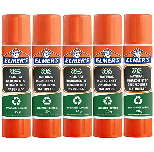 Elmer's ökologische Klebestifte | 93 % natürliche Inhaltsstoffe | perfekt für Schule und Bastelarbeiten | auswaschbar und kinderfreundlich | 20 g | 5 Stück
