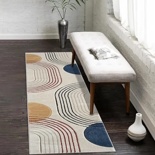 payé Teppich Läufer Kurzflor Beige Multi - 80x150cm - Boho Abstrakt Muster Modern Skandinavisch Wohnteppich Schlafzimmer