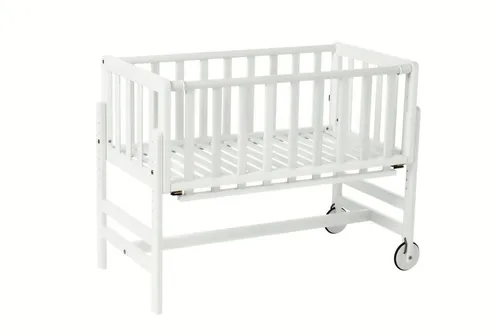 Geuther Beistellbett Betty | 9-fach höhenverstellbar - Nachhaltiges Beistellbett für Babys mit Massivholzlattenrost, seitlich absenkbarem Gitter und mobiler Ausstattung für flexibles Platzieren.