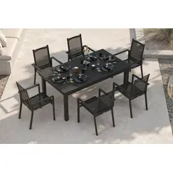 OUTFLEXX Premium Garten-Essgruppe, OUTFLEXX® anthrazit matt, Alu/Textilene, Tisch 180/240x100cm, 6 Stapelsessel