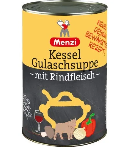 Menzi Kessel Gulaschsuppe mit Rindfleisch 4,2 kg - Herzhafte Gulaschsuppe mit zartem Rindfleisch, ideal für gesellige Anlässe oder als schnelle Mahlzeit. Perfekt für Suppenliebhaber!