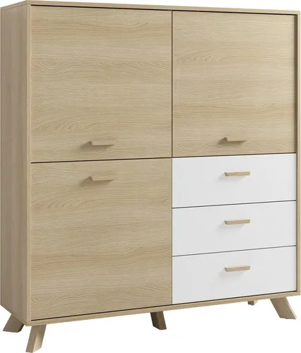byLIVING Highboard BASTIAN / Eiche bianco, weiß / Griffe und Füße Massivholz Eiche / 3 Türen, 3 Schubladen / viel Stauraum / Kommode / Schrank / Maße: B 120, H 131, T 36,5 cm