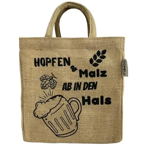 Domelo Jute Flaschentasche. Geschenke für Männer. Bierträger/Flaschenträger mit Trennwänden für 6 Flaschen. kleine Einkaufskorb. Lustige witzige Bier Männerhandtasche (natur/Hopfen & Malz)