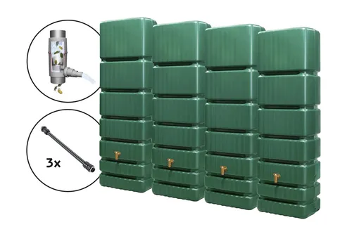 4rain Regentonne SLIM Wandtank-SET 1400 L in grün - Regentonnen für nachhaltige Gartenbewässerung. Mit 1.400 Litern Speichervolumen und automatischer Befüllung durch Regendieb Pro - ideal für ressourcenschonendes Gießen.
