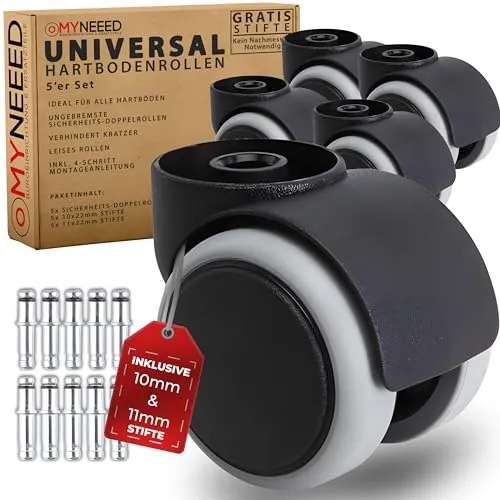 MYNEEED Universal Bürostuhl Rollen ohne Stifte - Hartbodenrollen für Laminat, Parkett und Fliesen - Kratzerfrei, leise und TÜV-geprüft, ideal für Bürostühle und Gaming-Tische mit einfacher Montage.