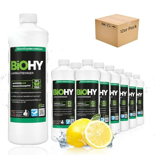 BiOHY Laminatreiniger (12 x 1 Liter) | 2 in 1 Laminatpflege & Reinigungsmittel | reinigt gründlich, schonend & reduziert Wiederverschmutzung | für eine streifenfreie Reinigung
