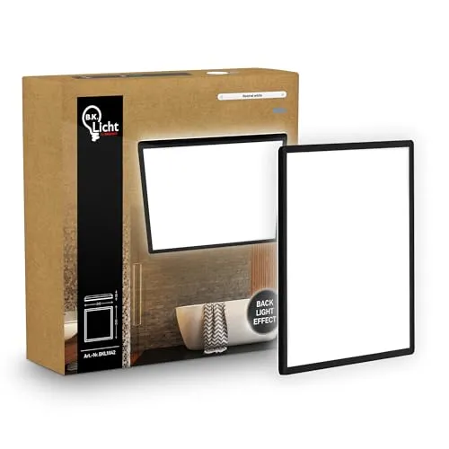 B.K.Licht - LED Deckenlampe mit indirektem Licht, Flach, Neutralweißes Licht, IP44, Panel, LED Lampe, Deckenleuchte, Badezimmer Lampe, Wohnzimmerlampe, Küchenlampe, 24x24x3 cm, Schwarz