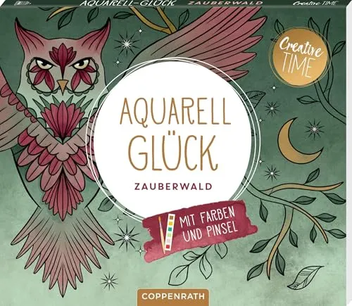Aquarell-Glück: Zauberwald: 15 Ausmalmotive auf Aquarellpapier, mit 6 Aquarellfarben (inklusive Gold) für jedes Motiv und Pinsel; Kreative Beschäftigung zum Sofort-Loslegen