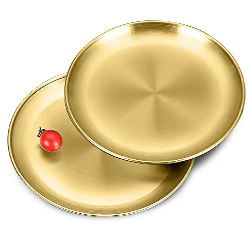 Betinyar 2 Stück Edelstahl runden Geschirr/Barbecue Dish/Kuchenform/Tablett/Oval Platter/Fleisch Dish/Reisplatte Platten Matte (Gold, 20 cm)