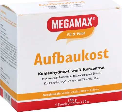 MEGAMAX Aufbaukost - Fettarmes Kohlenhydrat-Eiweiß-Getränk - Gewichtsmanagement Snacks – Ideal zur Kräftigung und bei Untergewicht. In 4 Geschmacksrichtungen erhältlich, leicht zubereitbar und fördert den Muskelaufbau.