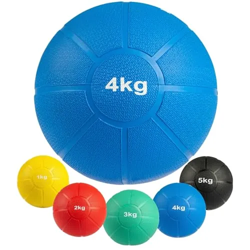 MATCHU - Medizinball - Medicine Ball - Vollgummi - Erhältlich in 1kg, 2kg, 3kg, 4kg und 5kg - Wasser- und Schweißresistent - (Blau - 4 KG - 21 cm)