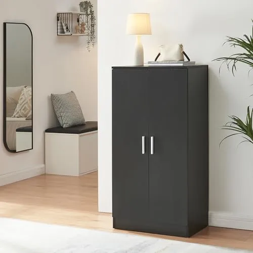 en.casa Schuhschrank »Notribontaa« 14 Paar Schuhe Schwarz - Schuhschrank für 14 Paar Schuhe, mit 2 Türen und 7 Einlegeböden. Perfekt für platzsparende Aufbewahrung im Flur oder Schlafzimmer.