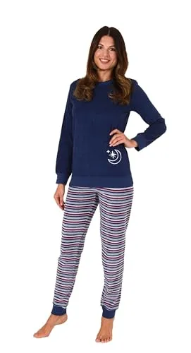 Normann Damen Frottee Langarm Schlafanzug mit Bündchen - Navy, Größe: 40-42 - Kuschelweicher Frottee Schlafanzug in schöner Streifenoptik, ideal für die kalte Jahreszeit. Bündchen sorgen für optimalen Sitz und hohen Tragekomfort. Auch in Übergrößen erhältlich.