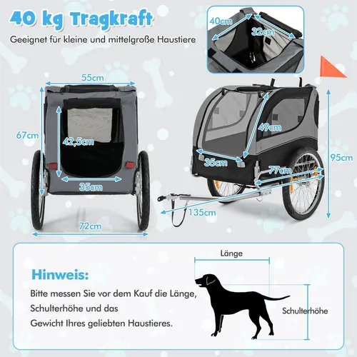 Faltbarer Fahrradanhänger für Haustiere – Grau, 40 kg Tragkraft