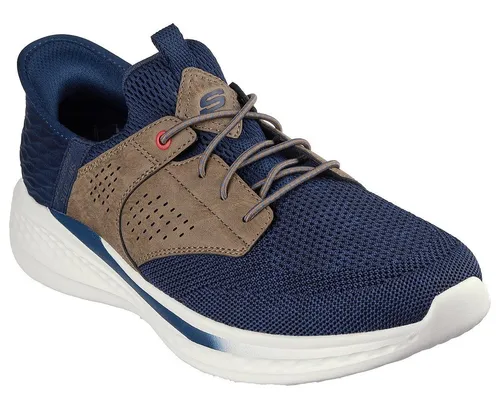 Skechers SLADE-CASTER Slip-On Sneaker - Sneaker in Größe 48,5 EU, navy-braun, mit Gummizug und Slip-ins für einfachen Einstieg. Ideal für den Alltag dank Skechers Air-Cooled Goga Mat-Dämpfung.