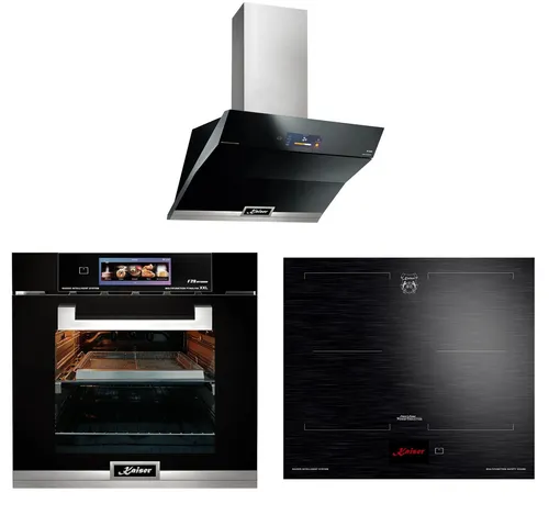 Kaiser Küchengeräte Backofen-Set Herd Set Autark Einbaubackofen Schwarzes Glas,79L,60 cm, Air fryer,TFT,Bratautomatik mit Induktionskochfeld 60 cm FREE ZONE mit 2 FLEX Induktions-Zonen TFT Display+Dunstabzugshaube 90 cm, 1250m³/h EH 6344+KCT 6140 FI+AT 9343, mit 1-fach-Teleskopauszug