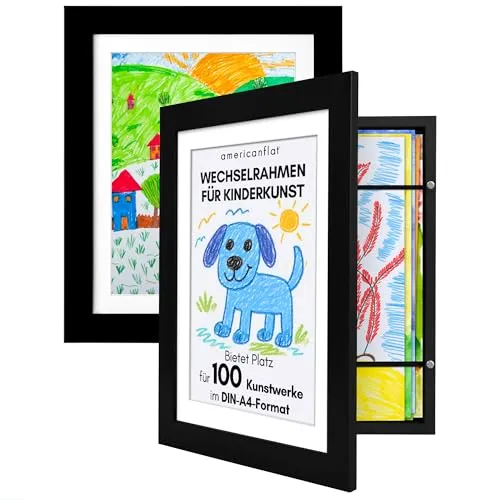 Americanflat A4 Bilderrahmen für Kinderzeichnungen - Schwarz - Verbundholz mit Bruchsicherem Glas - Horizontale & Vertikale Versionen - 2er Pack