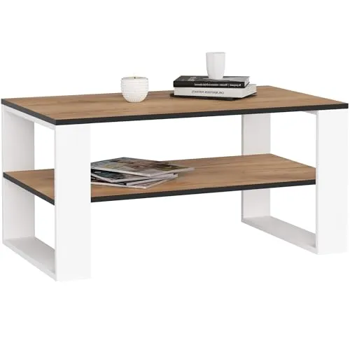 AKORD Couchtisch Holz Alex mit einem Regal, 92x45x53cm, Für Wohnzimmer, Schlafzimmer Schrank, Minimalistisch Modernes Design, Schichtstoffplatte 16mm Eiche Craft & Weiß