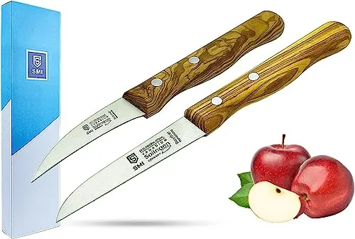 SMI Solingen Olivenholz Küchenmesser Set - Küchenmesser Set mit gebogenem Schälmesser und Obstmesser, gefertigt aus hochwertigem Edelstahl mit edlem Olivenholzgriff – ideal für präzises Schneiden von Obst und Gemüse.
