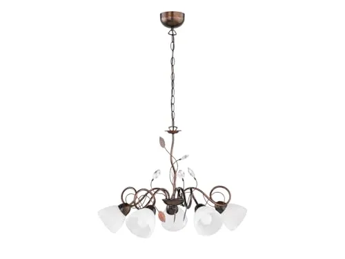 Trio Krone Traditio Rost antik 1500 mm x 700 mm x 700 mm - Lampen - Fünfflammiger Kronleuchter in rostfarbig antik mit elegantem alabasterfarbenen Glas und Kristallblättern, ideal für ein glamouröses Ambiente über Esstischen.