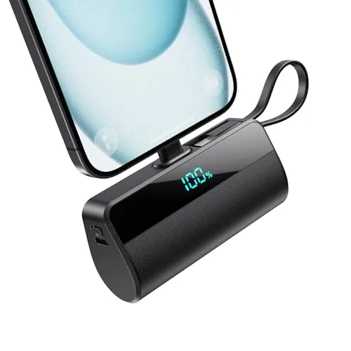 iPosible Mini Power Bank für iPhone, 5500mAh Klein Powerbank 20W PD Schnelles Aufladen Externer Akku mit LED-Display und USB-C Ladekabel Kompatibel mit iPhone17/16/15/14/13/12/11/X/XR/XS/8/7/6 Serie