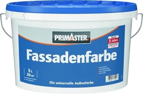 Primaster Fassadenfarbe 5 L Weiß - Wetterbeständige Hochdeckende Farbe - Fassadenfarbe, ideal für langlebigen Schutz und ansprechende Optik, perfekt für Außenanstriche.