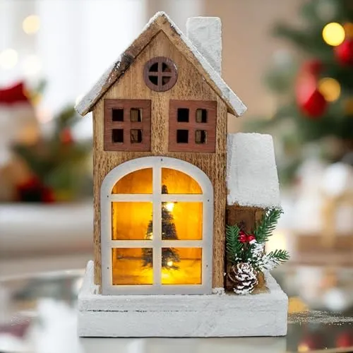 Spetebo LED Holz Weihnachts Haus mit Schneedach - 29 cm - Lichterhaus Tisch Fenster Deko beleuchtet mit weihnachtlichem Zierschmuck
