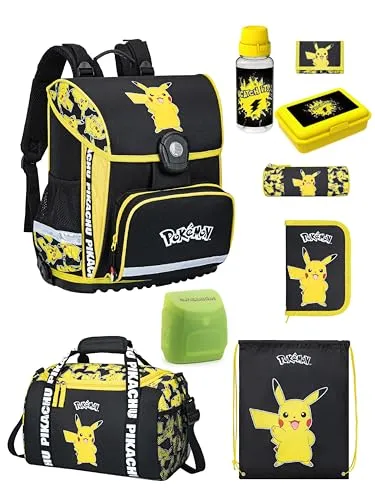 Pokémon Schulranzen Set für die 1. bis 4. Klasse - Ergonomisch & Leicht mit Pikachu Motiv - Schulranzen-Set mit 9 Teilen, ergonomisch und nur 990g schwer. Ideal für Sicherheit dank reflektierender Streifen. Perfekt für Kinder in der Grundschule!
