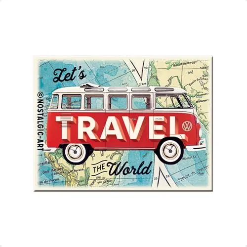 Nostalgic-Art Retro Kühlschrank-Magnet, 6 x 8 cm, VW Bulli – Let's Travel The World – Volkswagen Bus Geschenk-Idee, aus Metall, Vintage Design