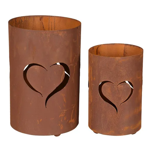 Levandeo® Kerzenlaterne 2er Set - Kerzenhalter im Edelrost-Look, kreative Gartenleuchten mit Herzmotiven, ideal für Balkon und Terrasse.
