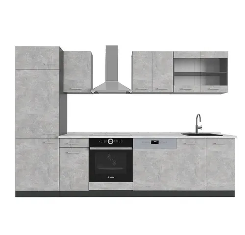 Vicco Küchenzeile R-Line, 300 cm in Beton/Anthrazit - Moderne Küchenzeile mit eleganter Marmor-Arbeitsplatte, höhenverstellbaren Füßen für ergonomisches Kochen und flexiblem Design für individuelle Raumgestaltung.