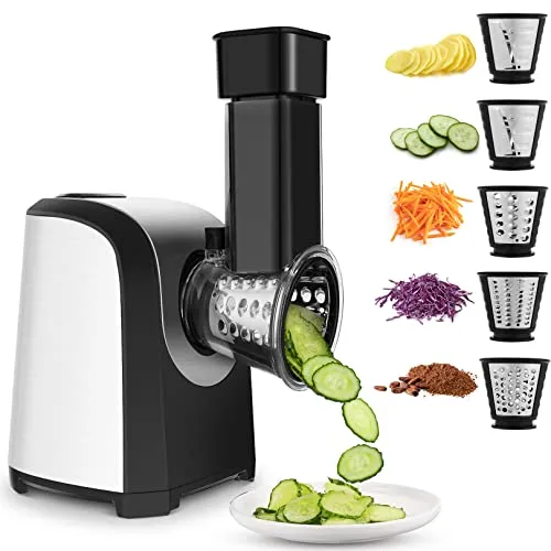 Elektrischer Gemüsehobel, Multifunktionsreibe mit 4 Edelstahl-Klingen - Reiben, Schneiden und Zerkleinern leicht gemacht – mit 150 Watt Leistung und 4 austauschbaren Klingen für perfekte Ergebnisse bei der Speisenvorbereitung.