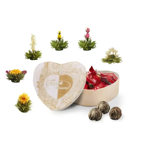 Creano 6er Set Teeblumen/Erblühtee in Herz Holzbox weißer Tee