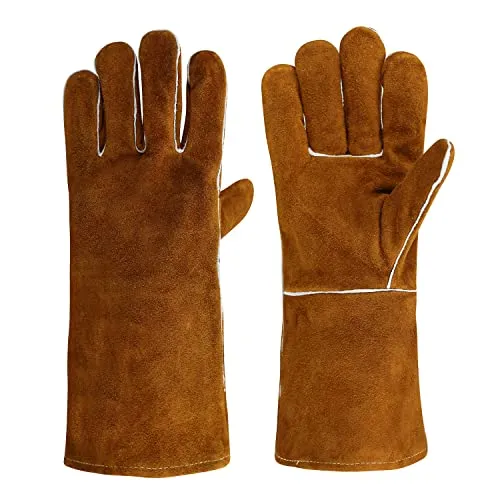 OLSON DEEPAK Grillhandschuhe Schweißerhandschuhe Feuerfeste Handschuhe Mitts für Schweißen, Ofen, Kamin, Backen, Herd, Topfhalter, Tierbehandlung, 14inches, brown hitzeschutz handschuh