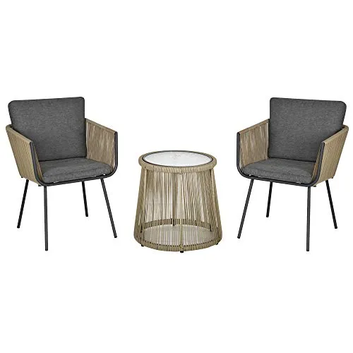 Outsunny 3-TLG. Rattan Gartenmöbel-Set - 3-teiliges Bistro-Set mit zwei bequemen Rattan-Stühlen und einem eleganten Hartglas-Couchtisch; ideal für entspannte Stunden auf Balkon oder Terrasse.